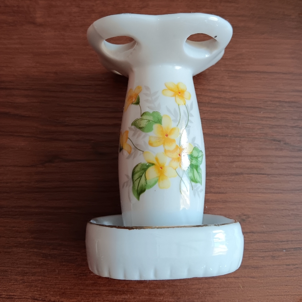 Floral White and Yellow Ceramic Toothbrush Holder